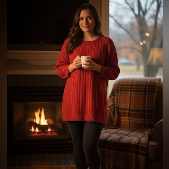 J Jill Sweater Red Orange  Cable Knit Wool Blend Size M - Picture 1 of 11